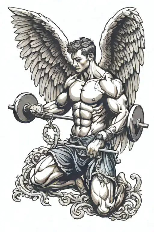 A creative design of a weightlifting angelic figure with navy-inspired wings, embodying strength and honor tattoo design idea