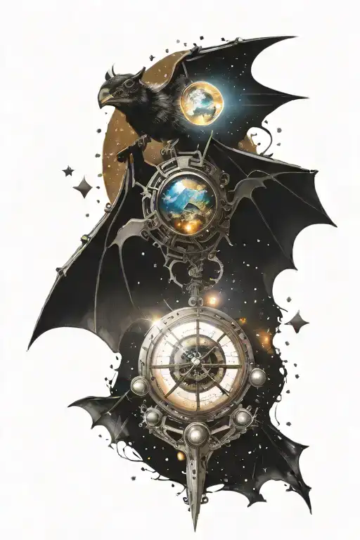A detailed portrait of a bat with mechanical wings, surrounded by a halo of glowing stars and planets tattoo design idea