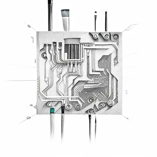A paintbrush and palette combined with computer circuitry tattoo design idea