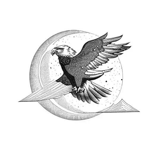 A blackwork tattoo of an eagle soaring over a mountain range, with a crescent moon and stars in the background tattoo design idea
