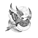 A blackwork tattoo of an eagle soaring over a mountain range, with a crescent moon and stars in the background tattoo design idea