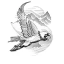 A blackwork tattoo of an eagle soaring over a mountain range, with a crescent moon and stars in the background tattoo design idea
