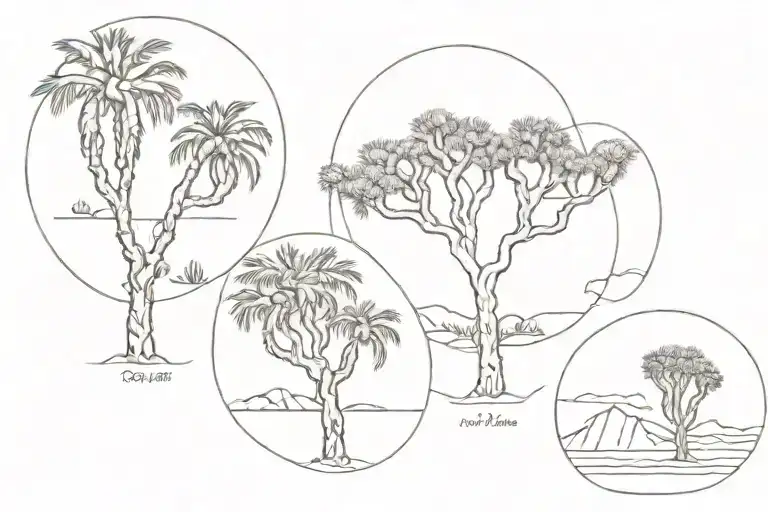 palm tree, fir tree, joshua tree, in a row,. three individual trees. nothing else. tattoo design idea