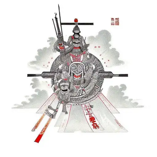 a family of summuarai warriors with the initials A M O D J C tattoo design idea