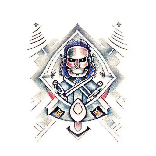 a family of summuarai warriors with the initials A M O D J C tattoo design idea