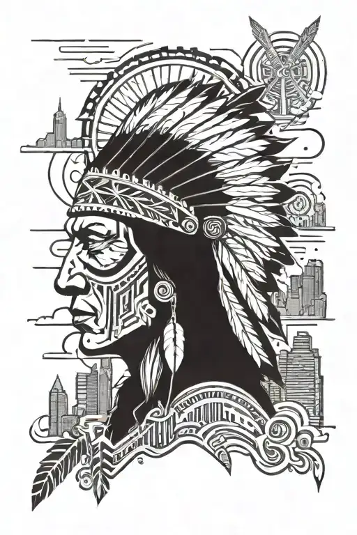 Native American and chicago skyline technology tattoo design idea