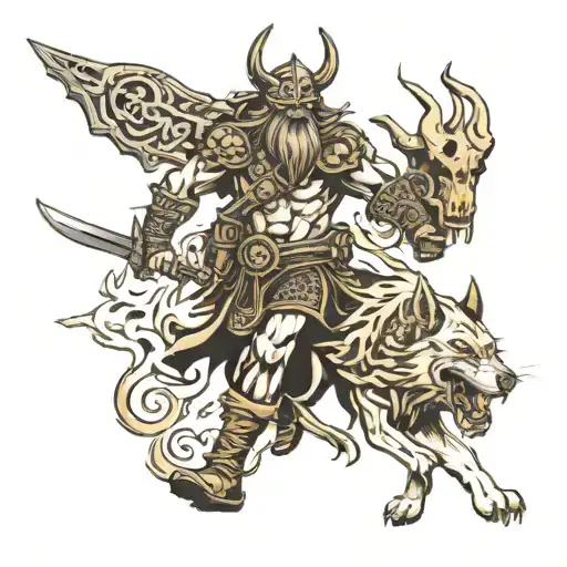 demon Viking warrior walking in skulls with wolf tattoo design idea