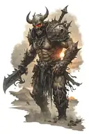 demon warrior walking battlefield full of skulls, sunset in the background located on a beach.  tattoo design idea