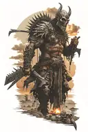 demon warrior walking battlefield full of skulls, sunset in the background located on a beach.  tattoo design idea