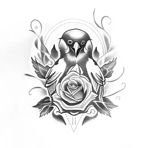 a crow with a rose behind and a far gothic church tattoo design idea