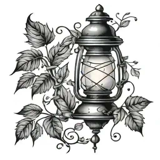 old lantern with leaves falling and intertwining vines tattoo design idea