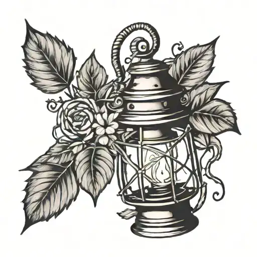 old lantern with leaves falling and intertwining vines tattoo design idea