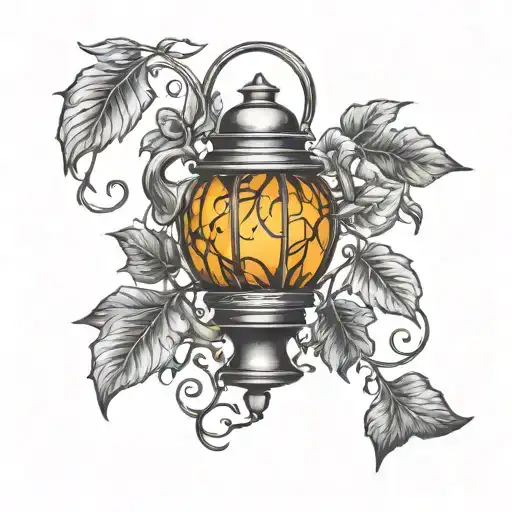 old lantern with leaves falling and intertwining vines tattoo design idea