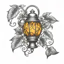 old lantern with leaves falling and intertwining vines tattoo design idea