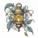 old lantern with leaves falling and intertwining vines tattoo design idea