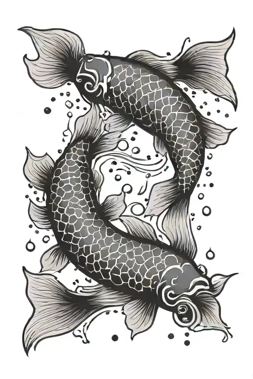 Minimalist. Two koi fish forming a ying yang symbol. One white and the other black. With some  water drops around  tattoo design idea