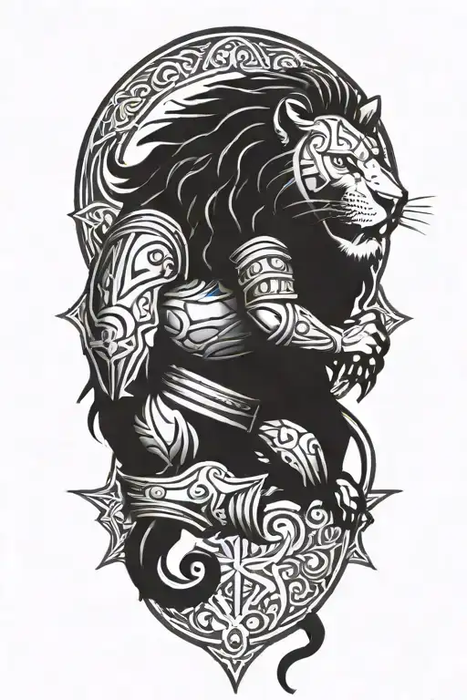 A fierce lion wearing medieval armor with a Christian cross symbol on its chest tattoo design idea