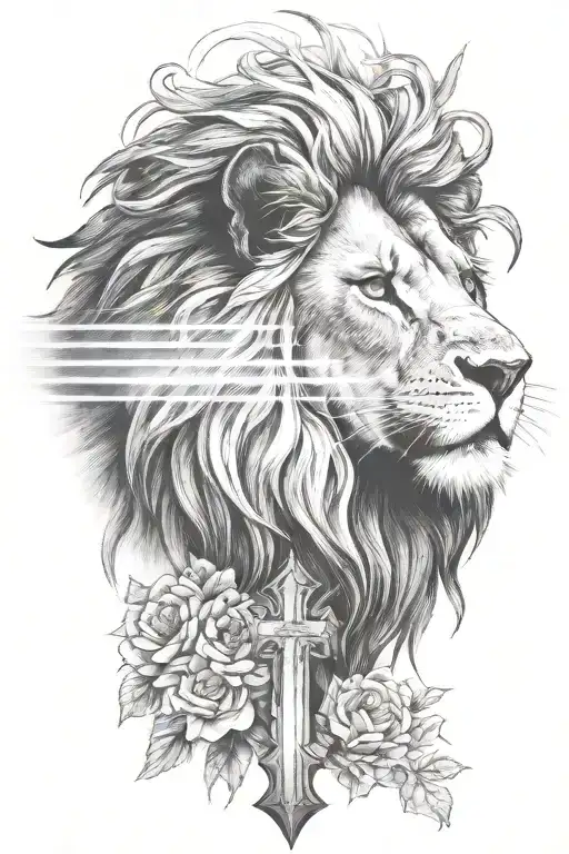 Christian cross lion light rays tattoo design idea