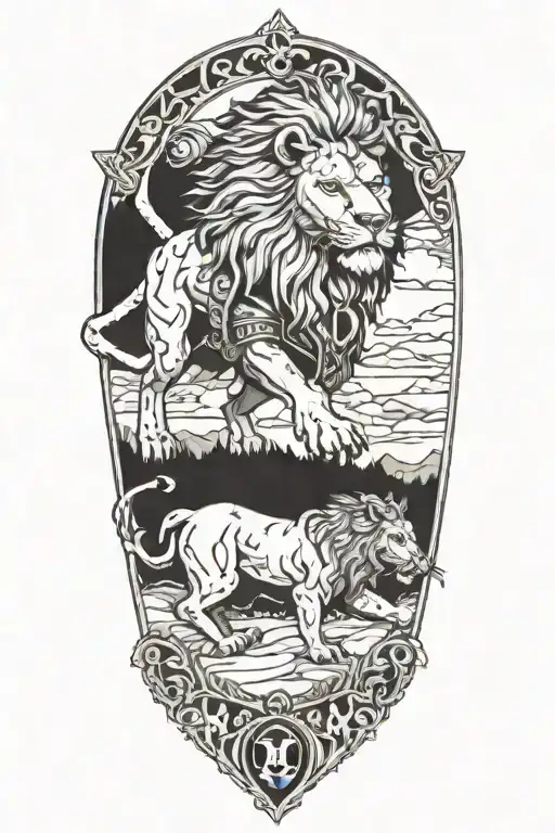 A hunting scene featuring a lion as the hunter, wearing ornate Christian-themed armor tattoo design idea