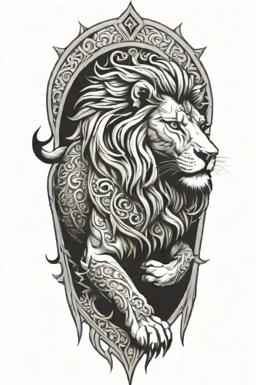 A majestic lion with intricate armor designs inspired by Christian motifs tattoo design idea