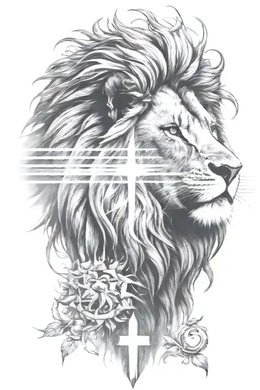 Christian cross lion light rays tattoo design idea
