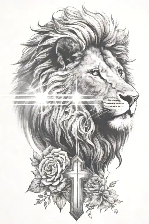 Christian cross lion light rays tattoo design idea