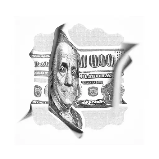 A stack of money bills with a classic car and a checkered flag in the background tattoo design idea