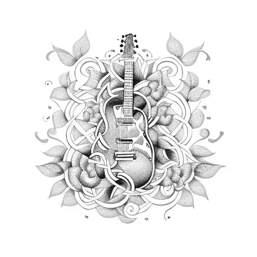 A guitar with intricate details and musical notes intertwined with vines and flowers tattoo design idea