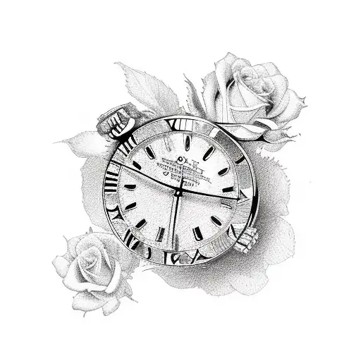 rolex clock with roses tattoo design idea