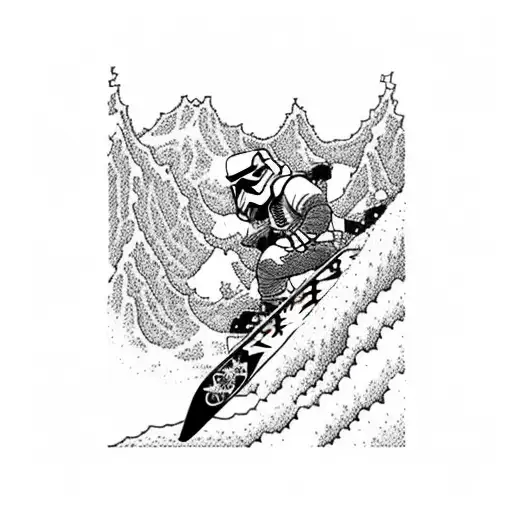 A blackwork tattoo of a snowboarding stormtrooper conquering a mountain peak tattoo design idea