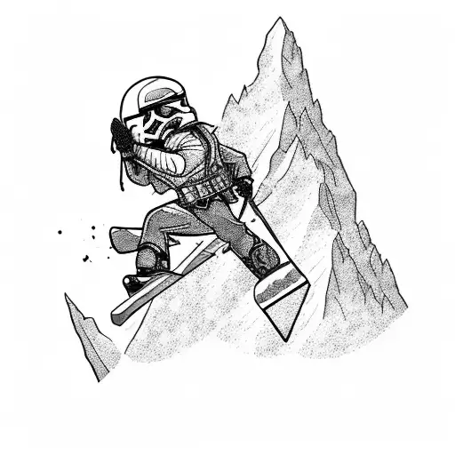 A blackwork tattoo of a snowboarding stormtrooper conquering a mountain peak tattoo design idea