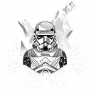 A blackwork tattoo of a snowboarding stormtrooper conquering a mountain peak tattoo design idea