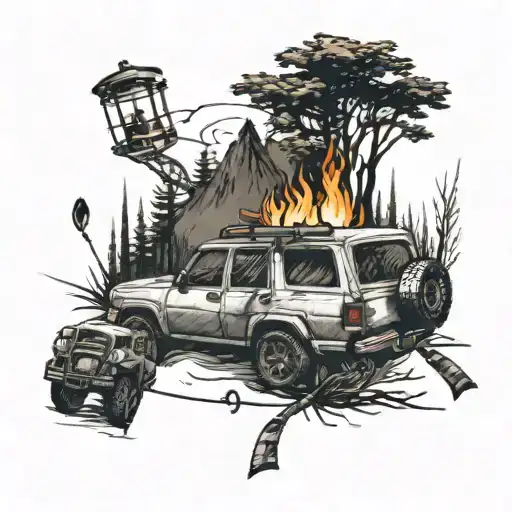A minimalist tattoo of a campfire surrounded by fishing gear and car parts, representing the client's passion for camping and 4x4 adventures tattoo design idea