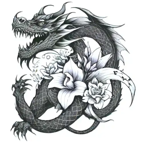 dragon with lavender flowers   tattoo design idea