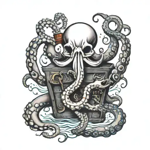 Octopus holding anchor and treasure chest tattoo tattoo design idea