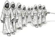 7 figures with blurred faces in black robes and hoods stand in a row tattoo design idea