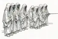 7 figures with blurred faces in black robes and hoods stand in a row tattoo design idea