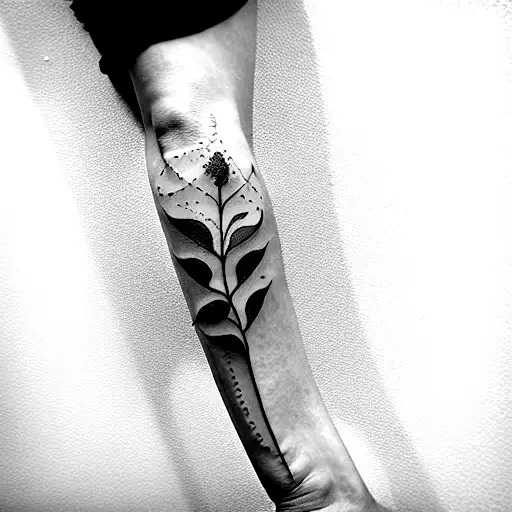 A tattoo of a vine or stem with wilted flowers wrapping around the knee cap, with droplets of water falling down from th tattoo design idea