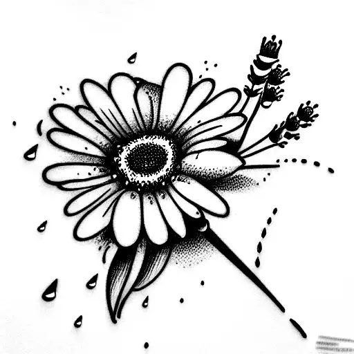 daisies, roses, lavender, and baby's breath around the knee with rain droplets tattoo design idea