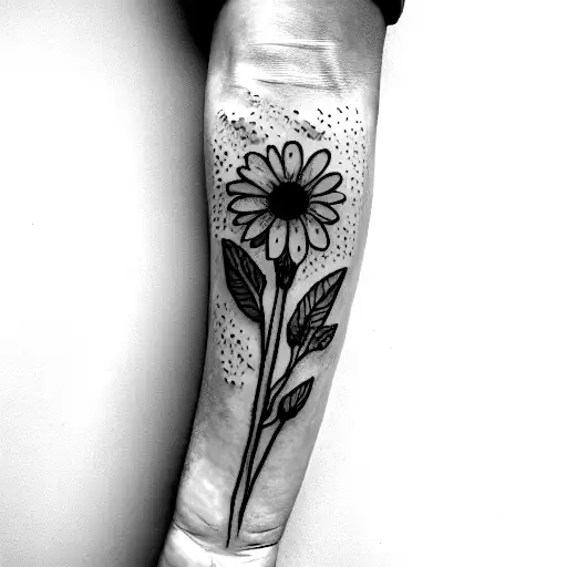 daisies, roses, lavender, and baby's breath bouquet around the knee with rain droplets tattoo design idea