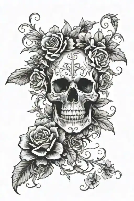 A detailed tattoo of a skull surrounded by blooming flowers and vines, symbolizing the beauty in life and acceptance of death tattoo design idea