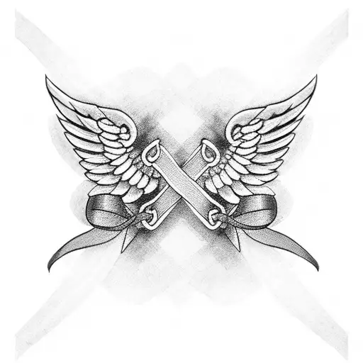 cross with wings and ribbon tattoo design idea