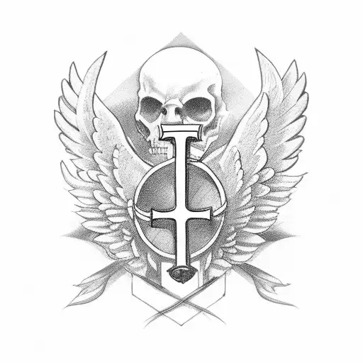 cross with wings and roses behind it and a ribbon wrapping around  tattoo design idea
