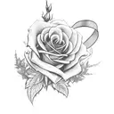 cross with wings and roses behind it and a ribbon wrapping around  tattoo design idea