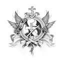 cross with wings and roses behind it and a ribbon wrapping around  tattoo design idea