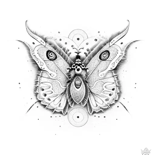 A dotwork illustration of Mothra with delicate patterns and textures tattoo design idea