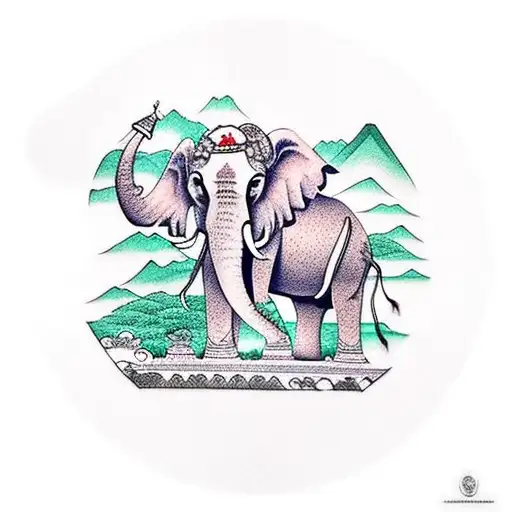 Laos inspired tattoo with elephant and temple tattoo design idea