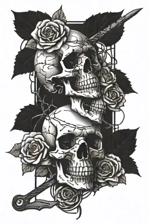 roses knife barbed wire skull  tattoo design idea