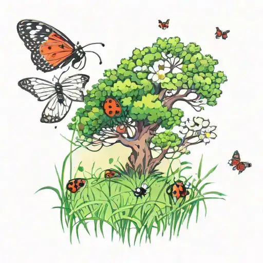 A grass field with ladybugs crawling through the grass, butterflies flying through the air, a big tree in the background tattoo design idea