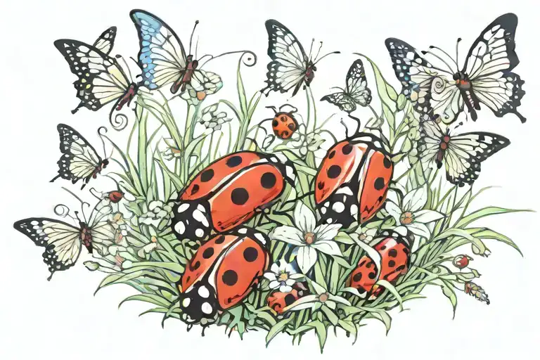 A grass field with ladybugs crawling through the grass, butterflies flying through the air, a big tree in the background tattoo design idea